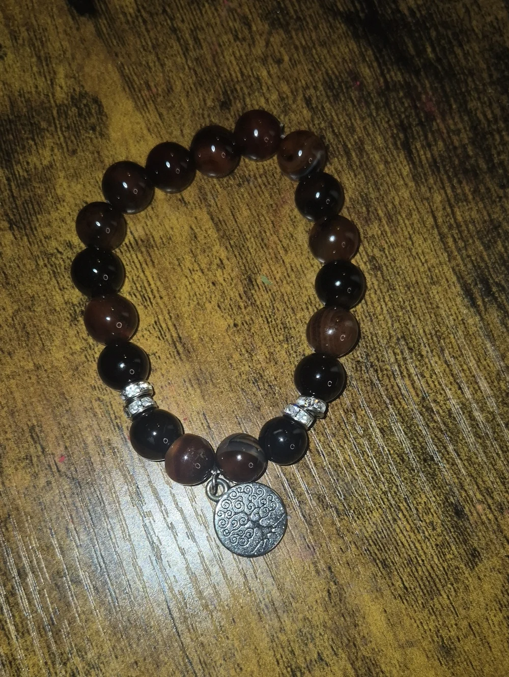 Vintage Beaded Stretch Small,Med,large Brown & Black Tree Of Life Charm Bracelet